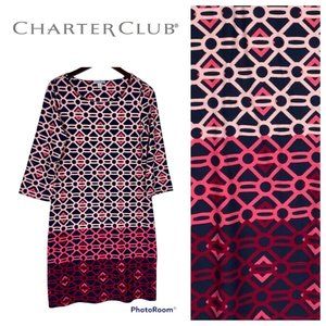 Charter Club Medium 8 10 Shift Dress Blue Pink Geometric Print Stretch